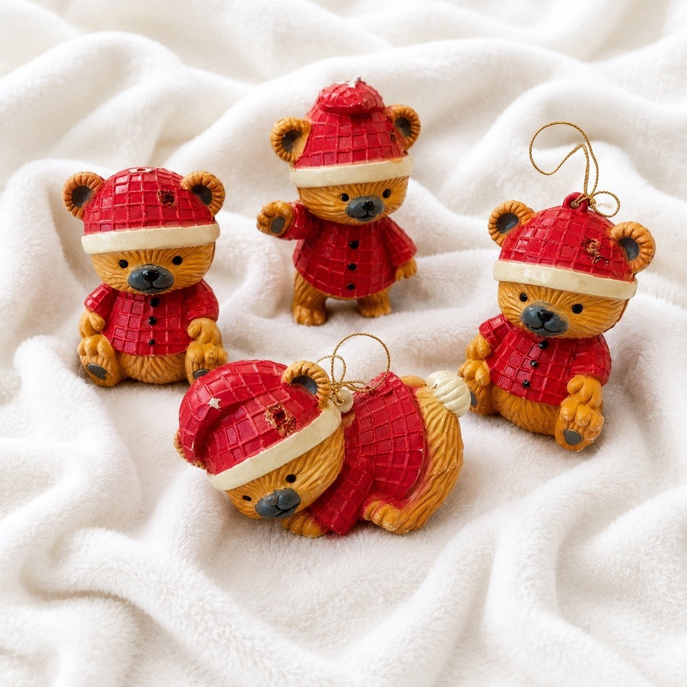 Vintage Teddy Bear‎ Christmas Ornaments Lot 4 Santa Holiday Decor 80s 90s Retro